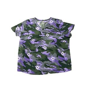 Beyond Scrubs Womens 2X Purple Green Camo Floral Stretch V-Neck Scrub Top